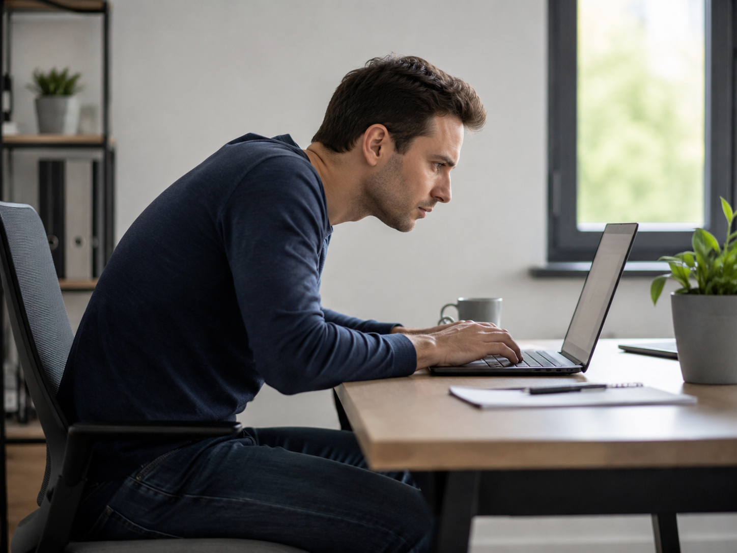 Person leaning forward over a laptop at a desk, rounded back and forward head posture