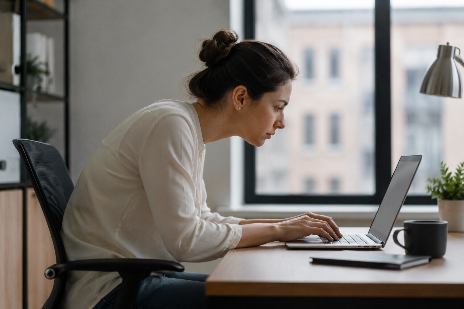 Person working at a desk with forward, hunched posture straining the upper back