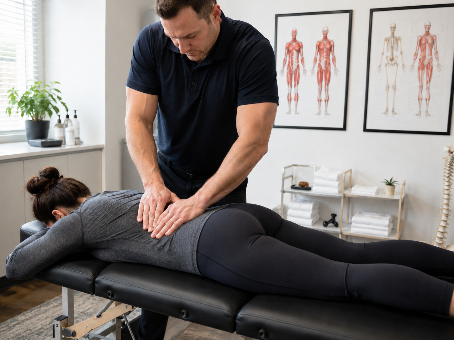 Therapist applying pressure to a client's hip and lower back area, client fully clothed, oil-free