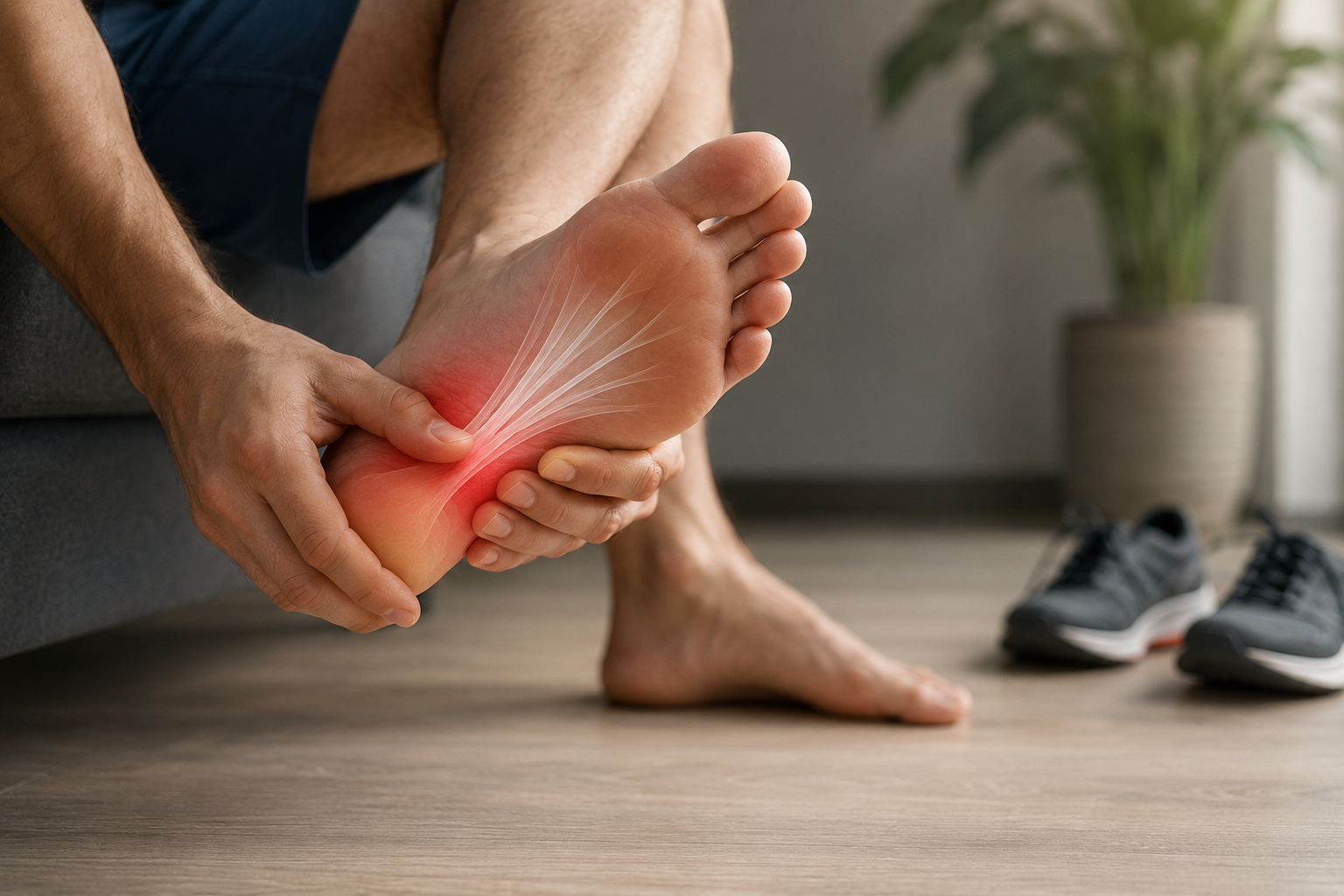 Underside of a foot with pain highlighted from the heel through the arch