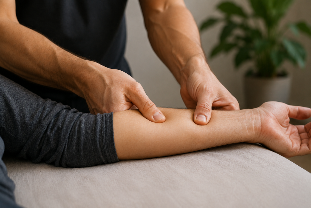 Therapist using both thumbs to work along a client's inner forearm, oil-free