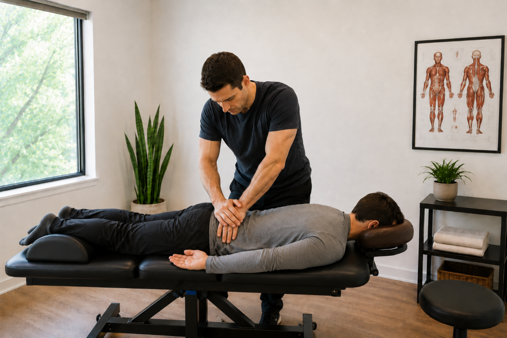 Massage therapist applying pressure to a clothed client's lower back, oil-free, in a bright treatment room