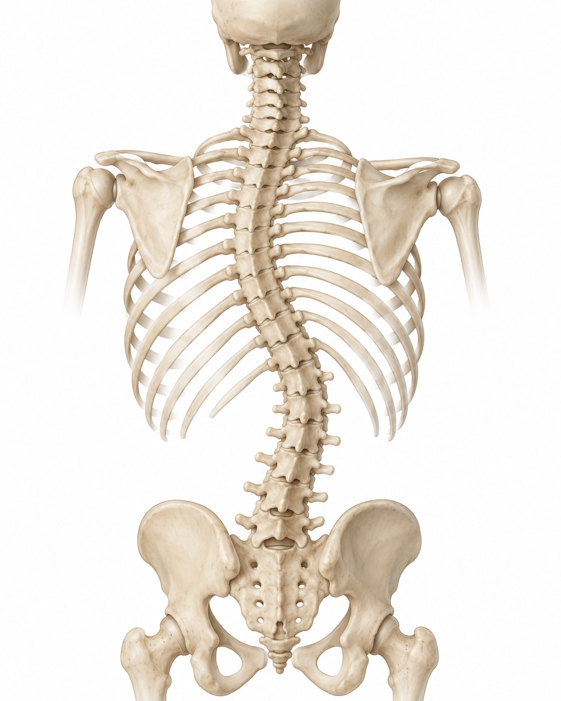 Anatomical illustration comparing a straight spine with a sideways scoliosis curve