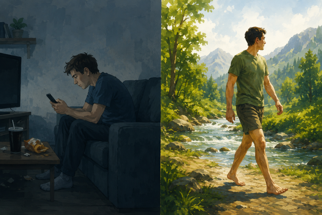 Split image comparing a young man sitting at a computer in a dark room with fast food, and a young man walking barefoot beside a stream