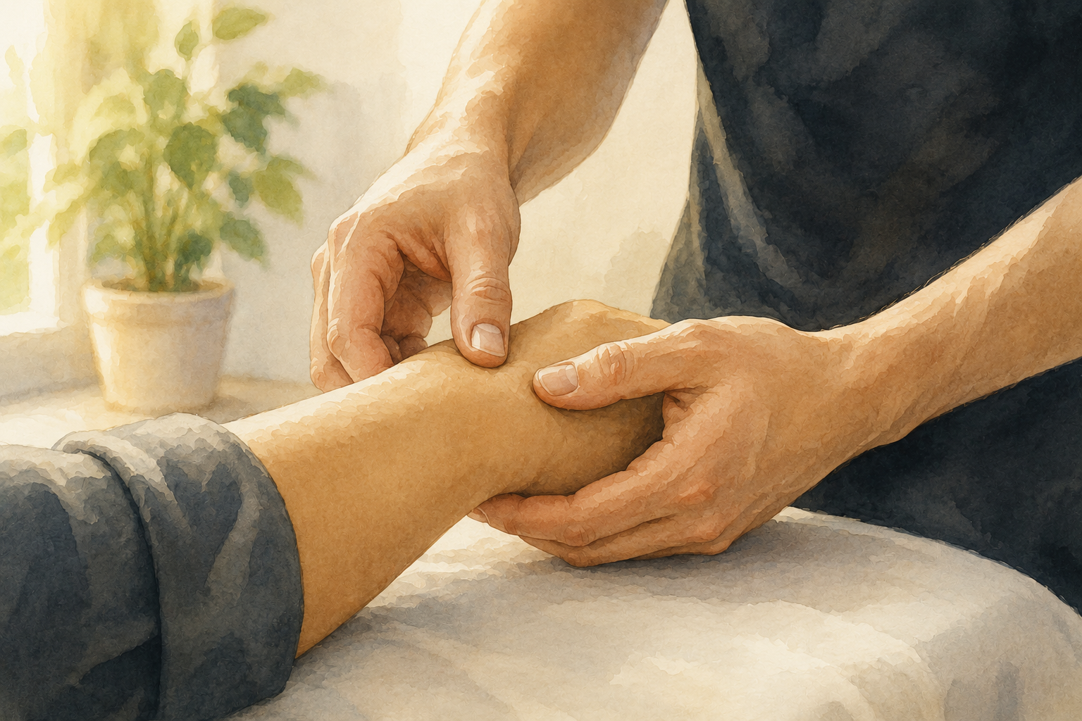 Therapist's hands applying gentle pressure to a client's hand and fingers