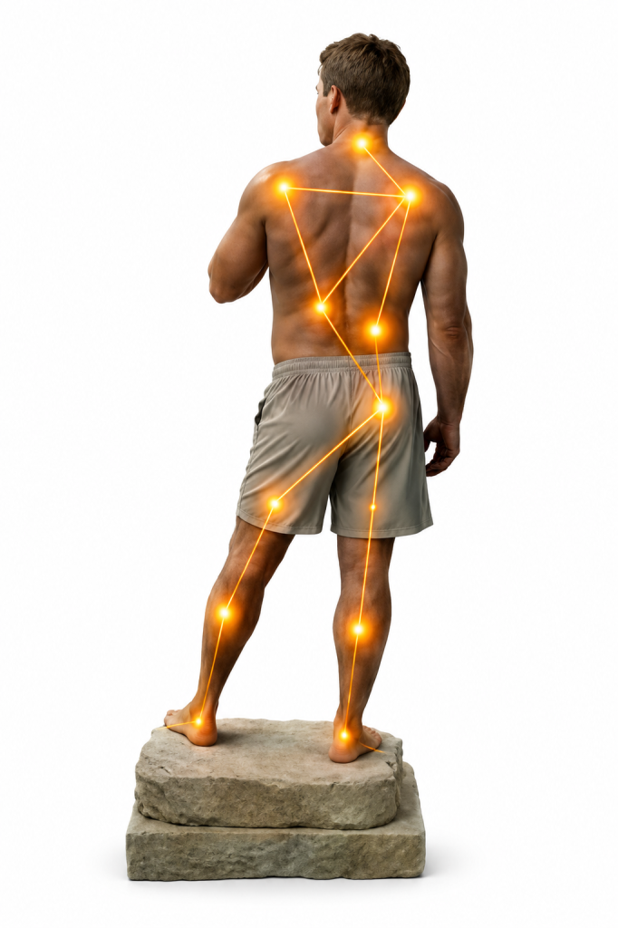 Trigger points and adhesions at predictable locations along the muscle chains, forming the body's pain map