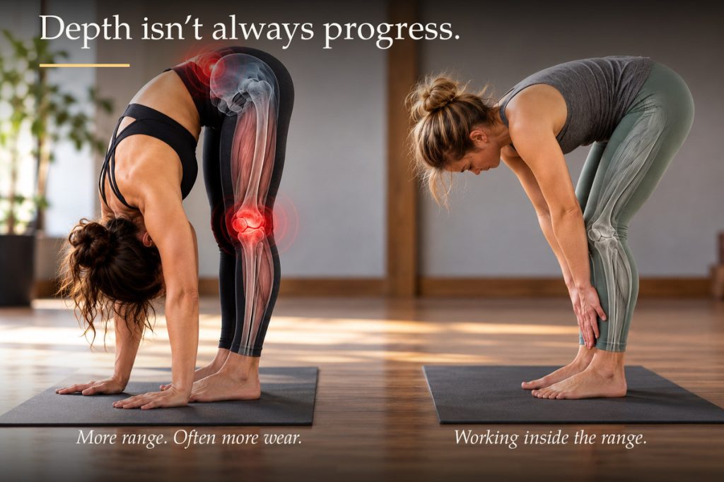 Two people in a standing forward fold. The one on the left folds much deeper with an anatomical overlay showing stress at the hip and knee. The one on the right stops at mid-shin.